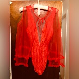 Unique Vintage Red Lace Lingerie with Sheer Red Shawl